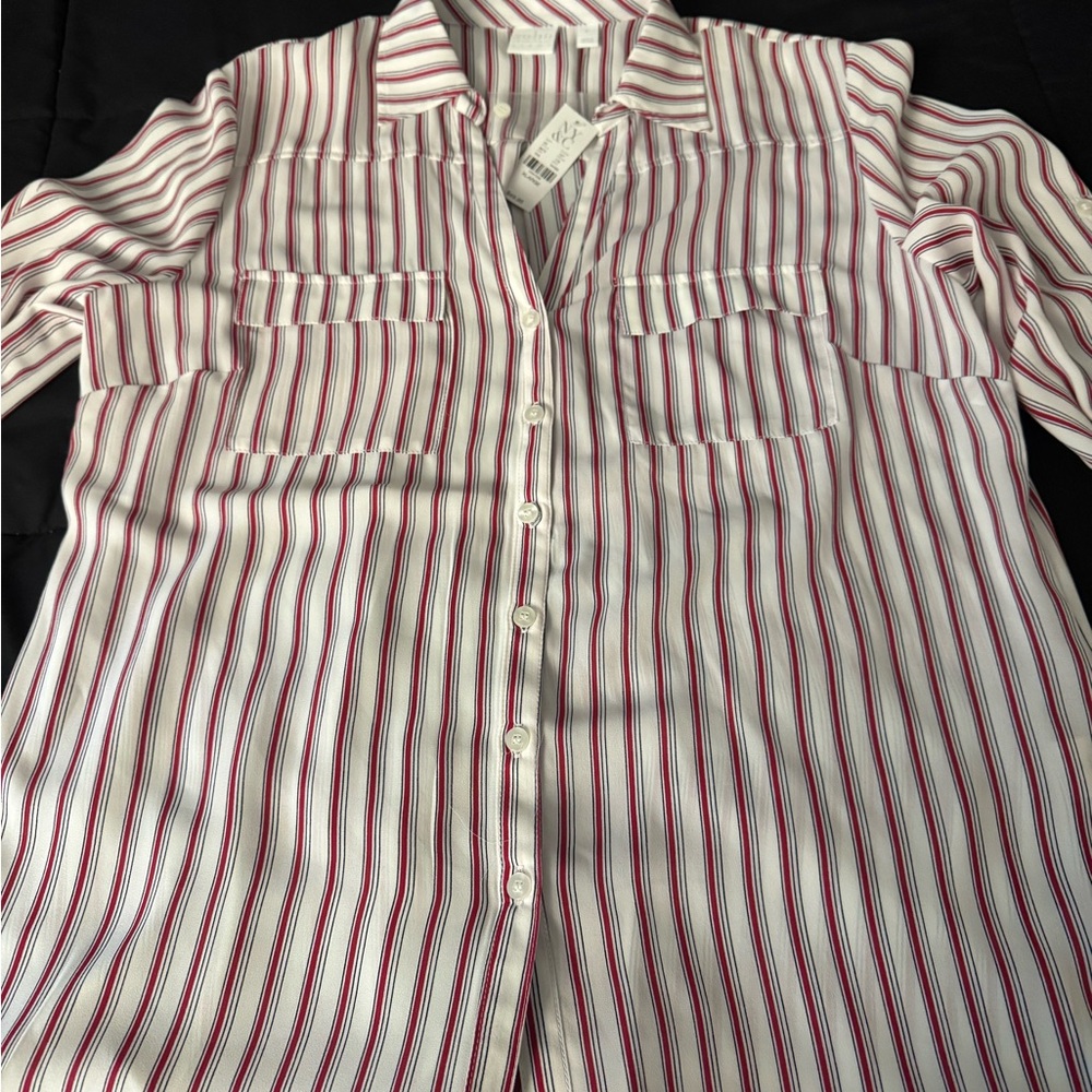 New York & Company Red and White Striped Button-Down Shirt